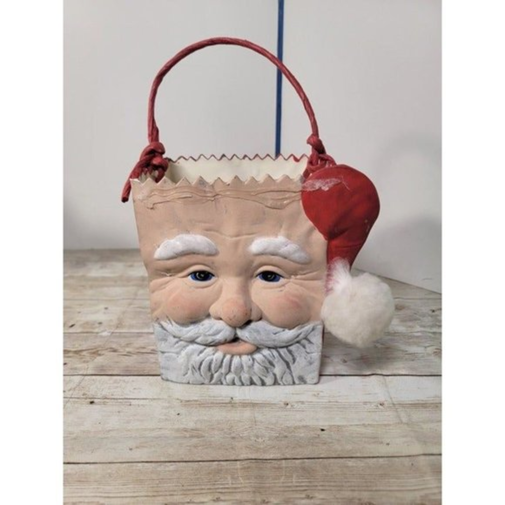 Vintage Painted Ceramic Santa Claus w/Glasses 3D Gift Bag Container Planter Vase